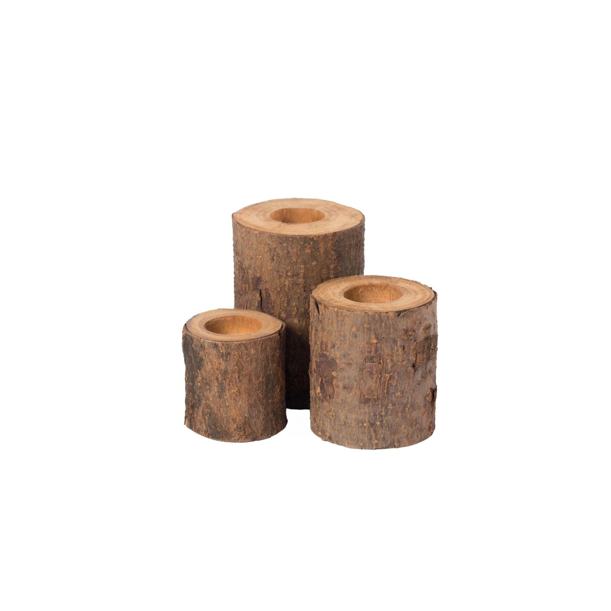 Bark Wooden Pillar Tree Stump Tea Light Rustic Candle Holder - Set Of 3