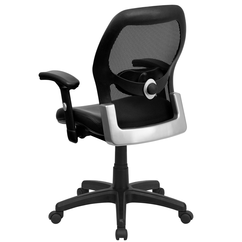 21 Inch Genuine Leather Office Chair, Mesh Back, Swivel, Black