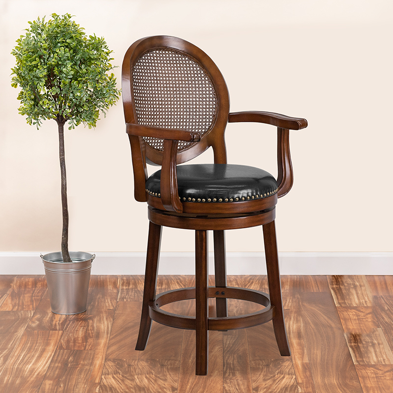 26'' High Expresso Wood Counter Height Stool With Arms And Black Leather Swivel Seat