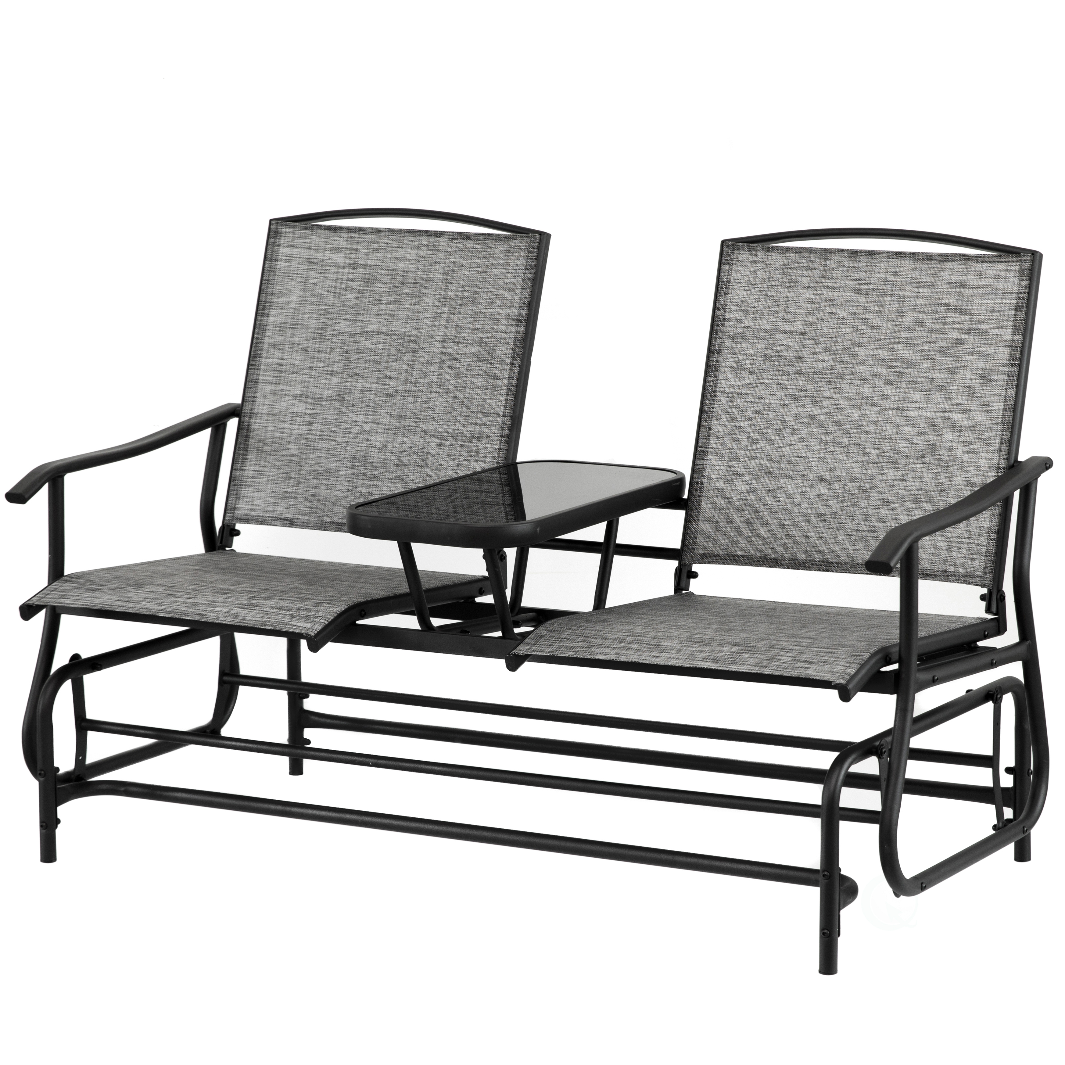 Two Person Outdoor Double Swing Glider Chair Set With Center Tempered Glass Table, Loveseat Lawn Rocker Bench