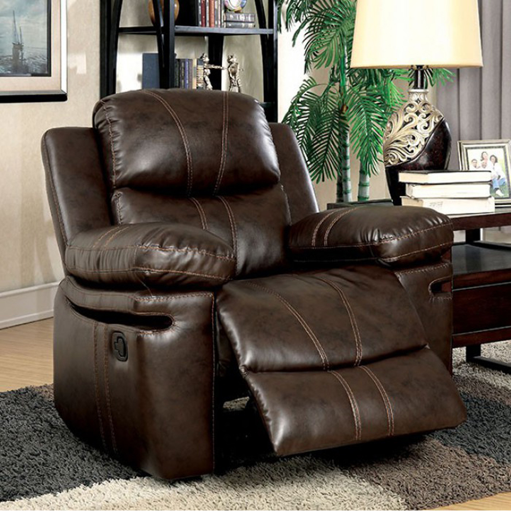 41 Inch Manual Recliner Chair, Brown Bonded Leather, Contrast Stitching- Saltoro Sherpi
