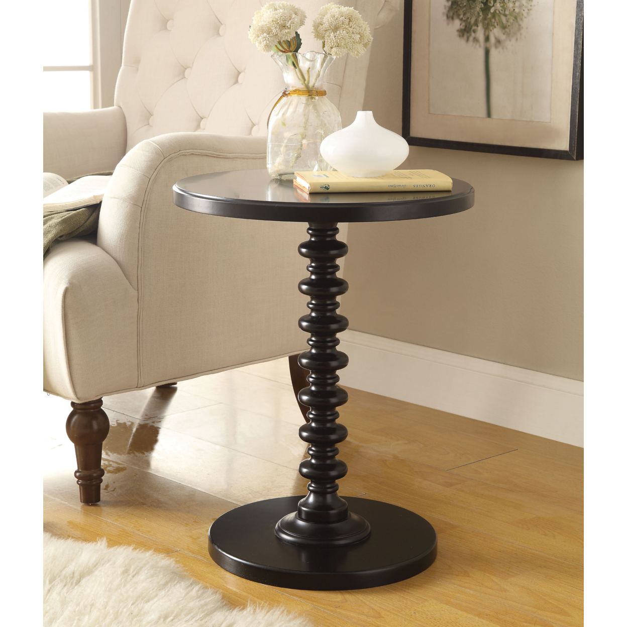 22 Inch Side End Table, Round Top, Stacked Pedestal Stand, Black