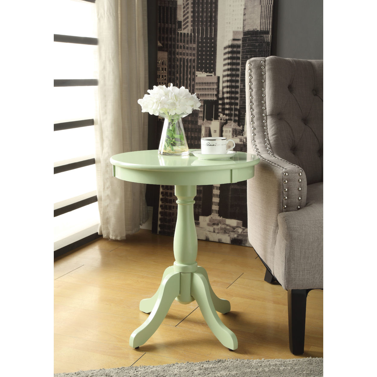 Astonishing Side Table With Round Top, Light Green- Saltoro Sherpi