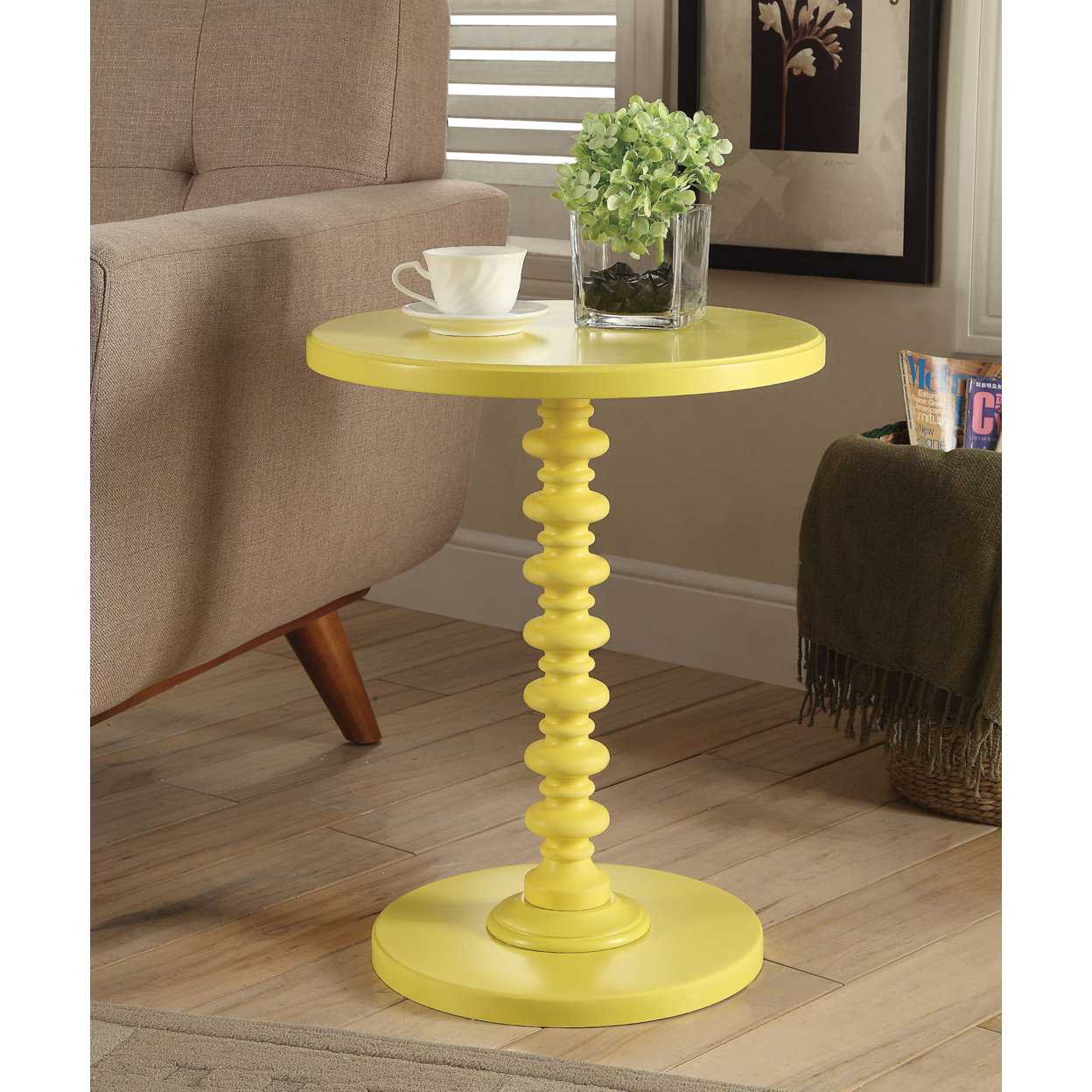 Astonishing Side Table With Round Top, Yellow- Saltoro Sherpi