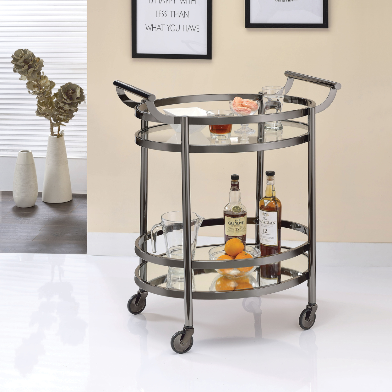 Oval Metal Serving Cart, Clear Glass & Black Nickel- Saltoro Sherpi