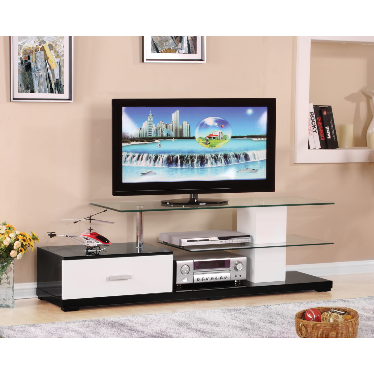 Affable TV Stand, White & Black- Saltoro Sherpi