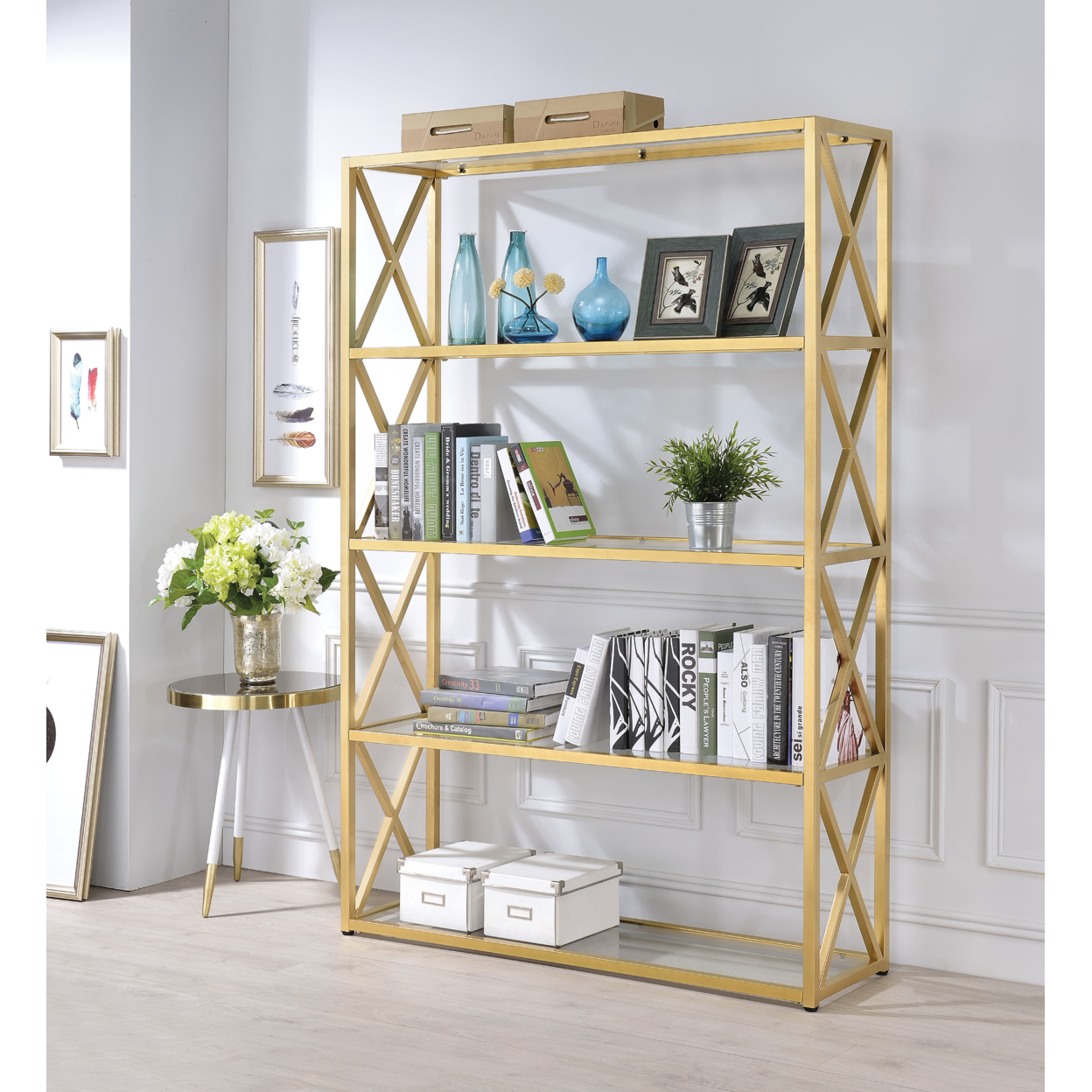 Glass & Metal Bookshelf With 5 Shelves, Clear Glass & Gold- Saltoro Sherpi