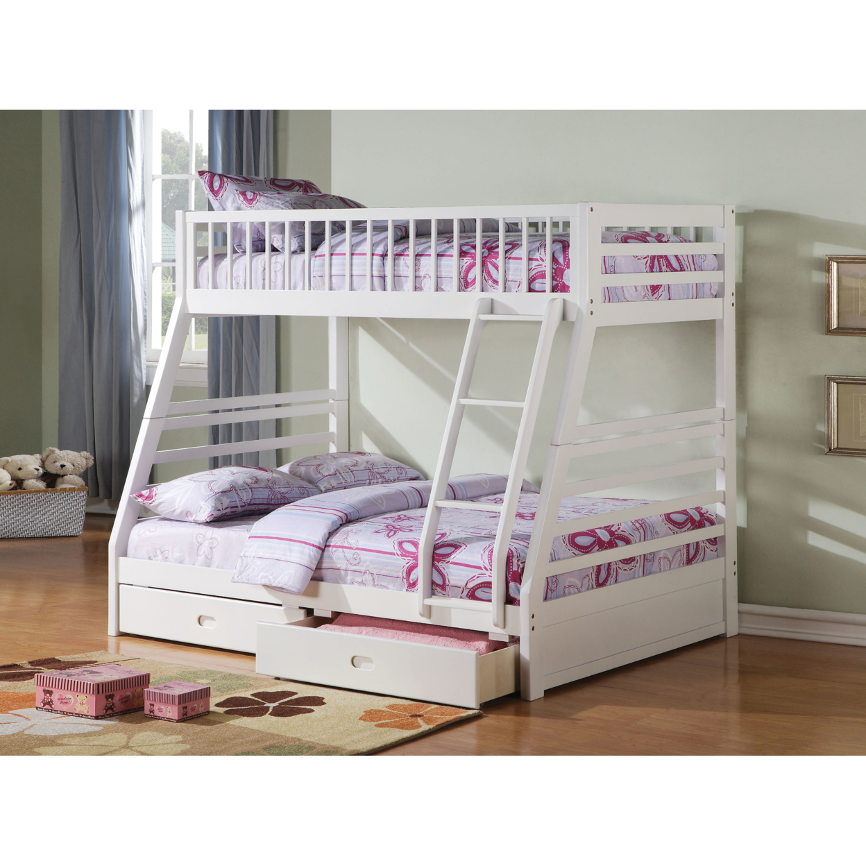 Wooden Twin Full Bunk Bed With Drawers, White- Saltoro Sherpi