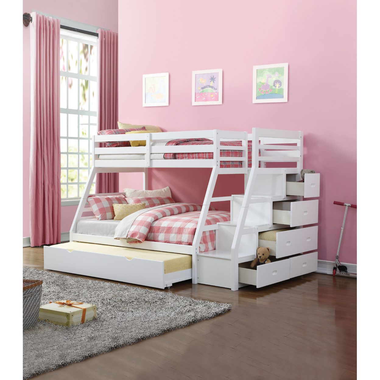 Wooden Twin Full Bunk Bed With Storage Ladder & Trundle, White- Saltoro Sherpi