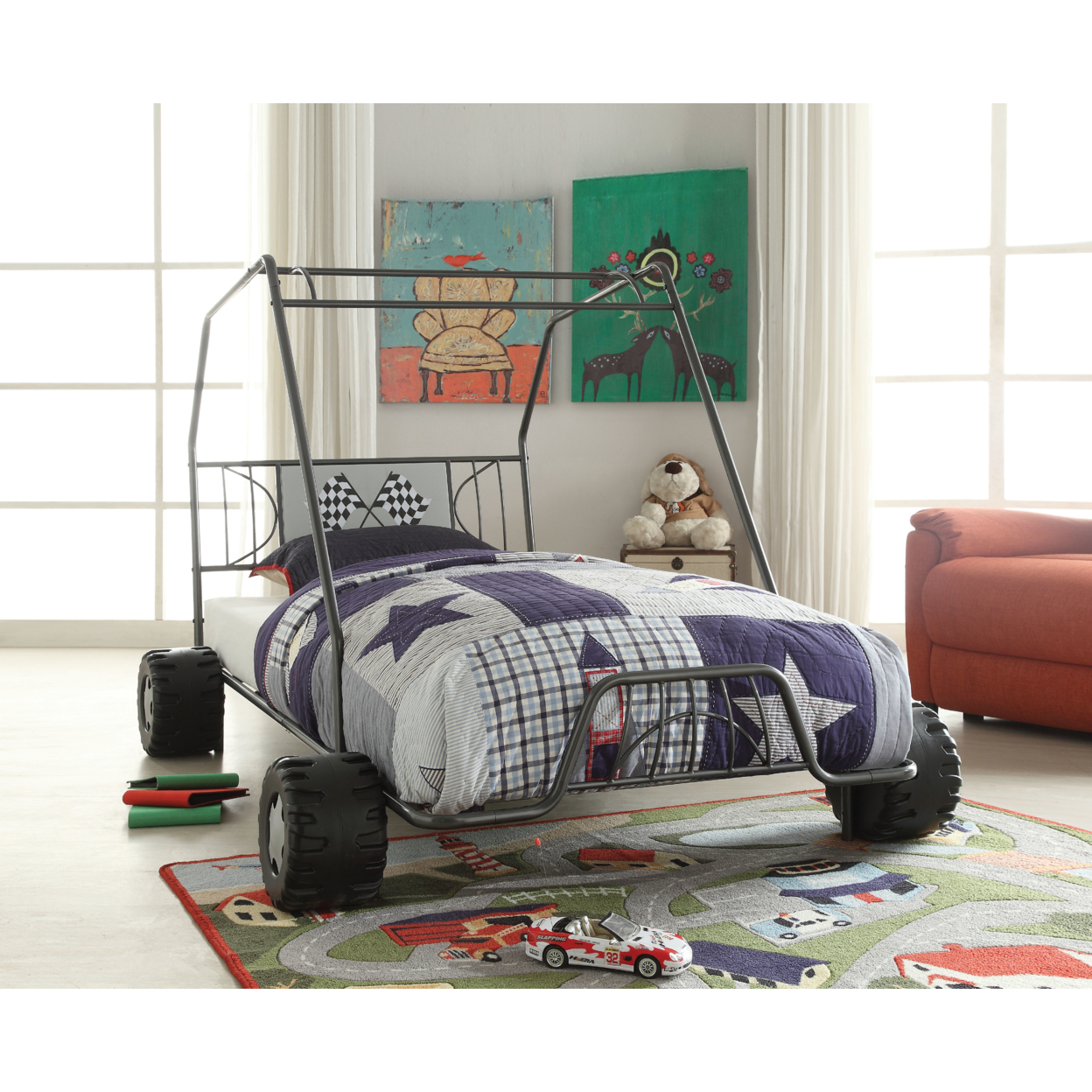 Metal Go Kart Style Twin Bed, Black- Saltoro Sherpi