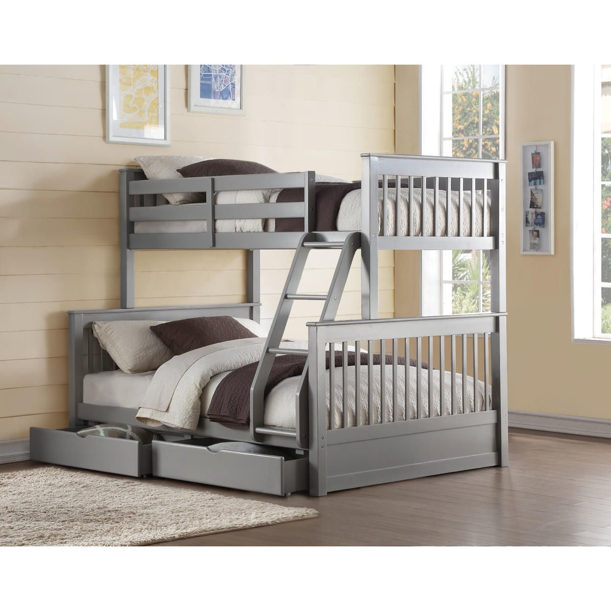 Wooden Twin Full Bunk Bed With 2 Drawers, Gray- Saltoro Sherpi