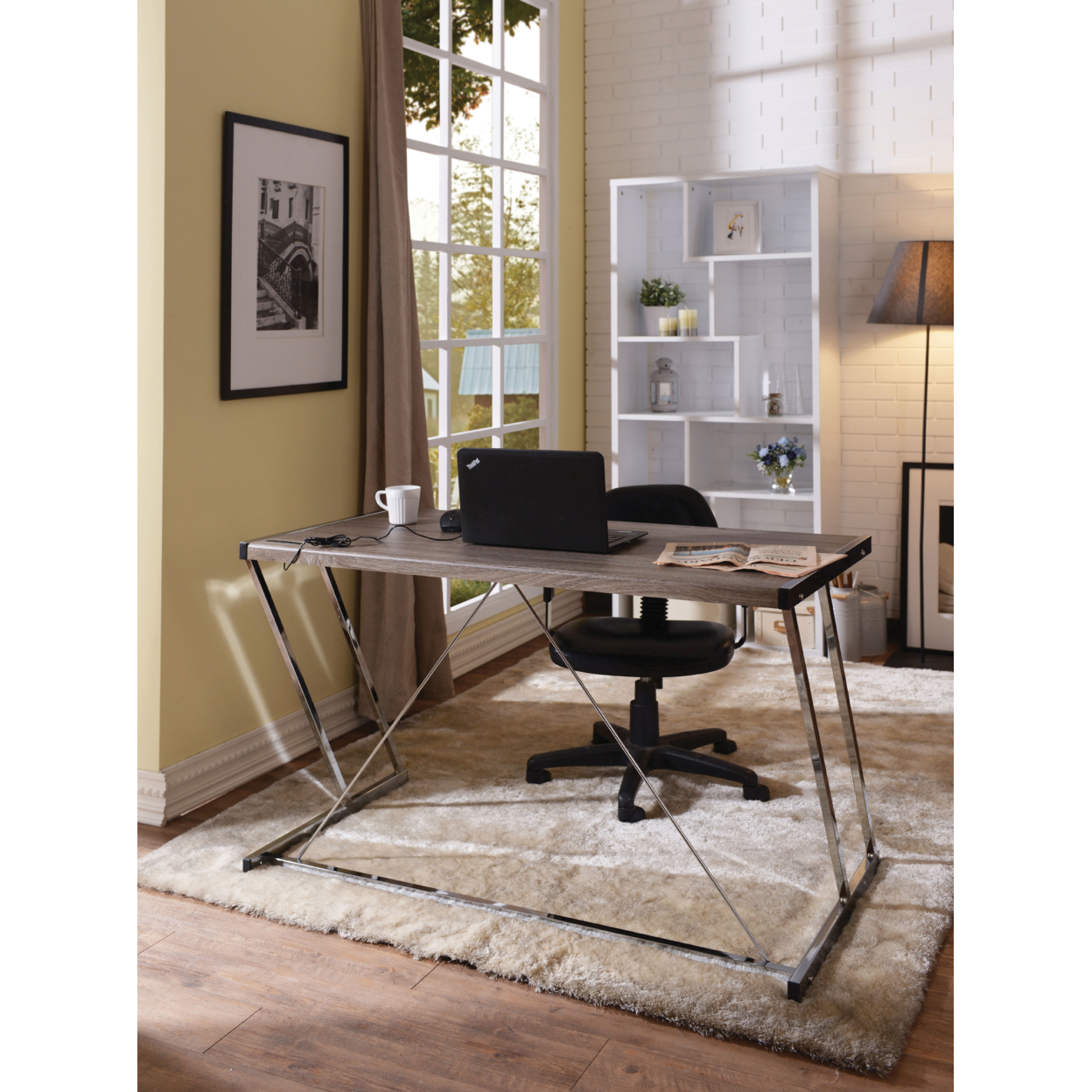 Metal Rectangular Writing Desk With USB Dock, Oak Brown & Silver- Saltoro Sherpi