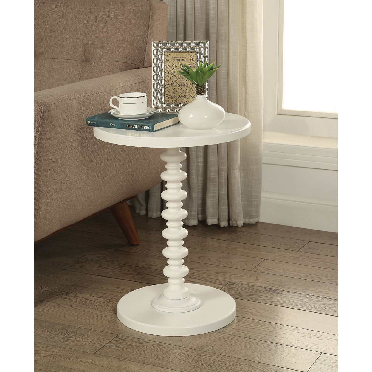 22 Inch Side End Table, Round Top, Stacked Pedestal Stand, Washed White
