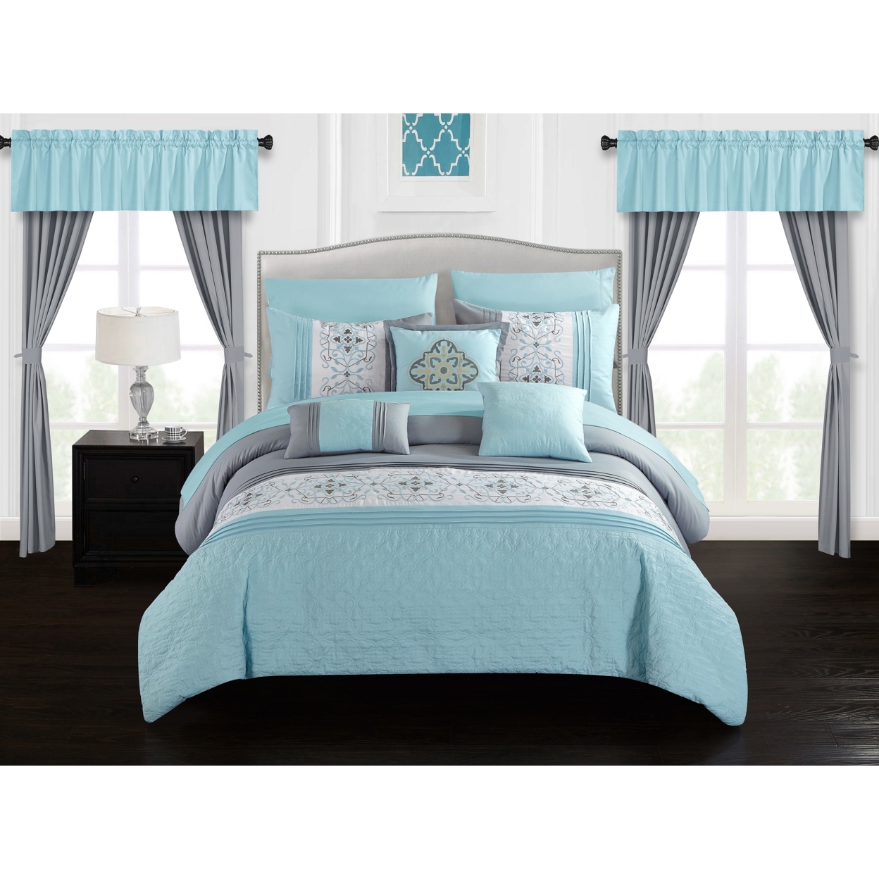 Jurgen 20-Piece Floral Embroidered Bed In A Bag Bedding And Comforter Set - Aqua Blue, Queen