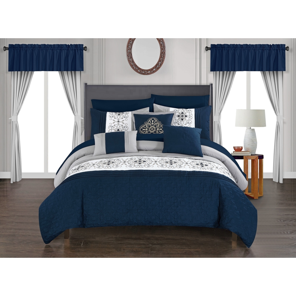 Jurgen 20-Piece Floral Embroidered Bed In A Bag Bedding And Comforter Set - Navy, King