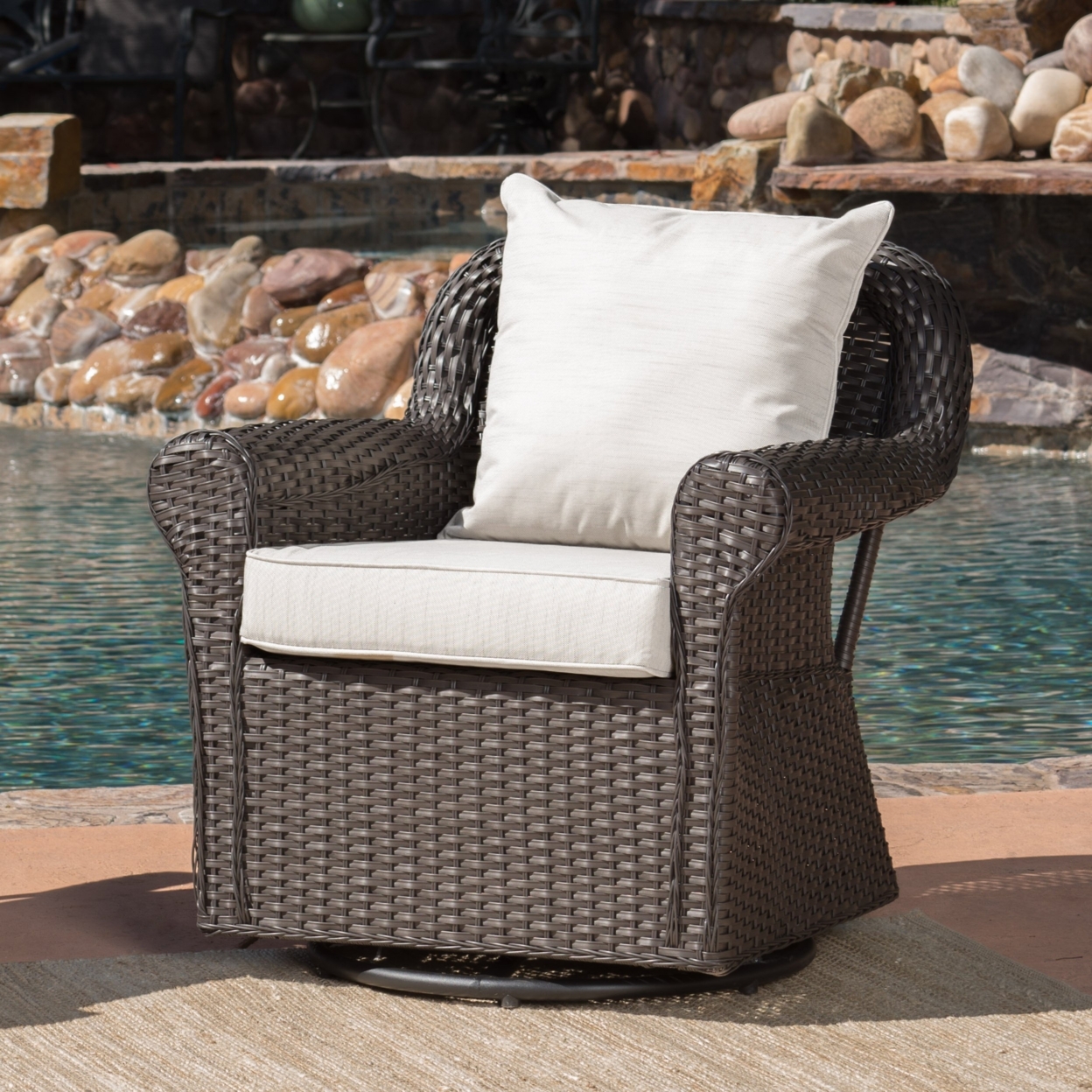 Admiral Outdoor Wicker Swivel Rocking Chair WithWater Resistant Cushions - Dark Brown, Set Of 2
