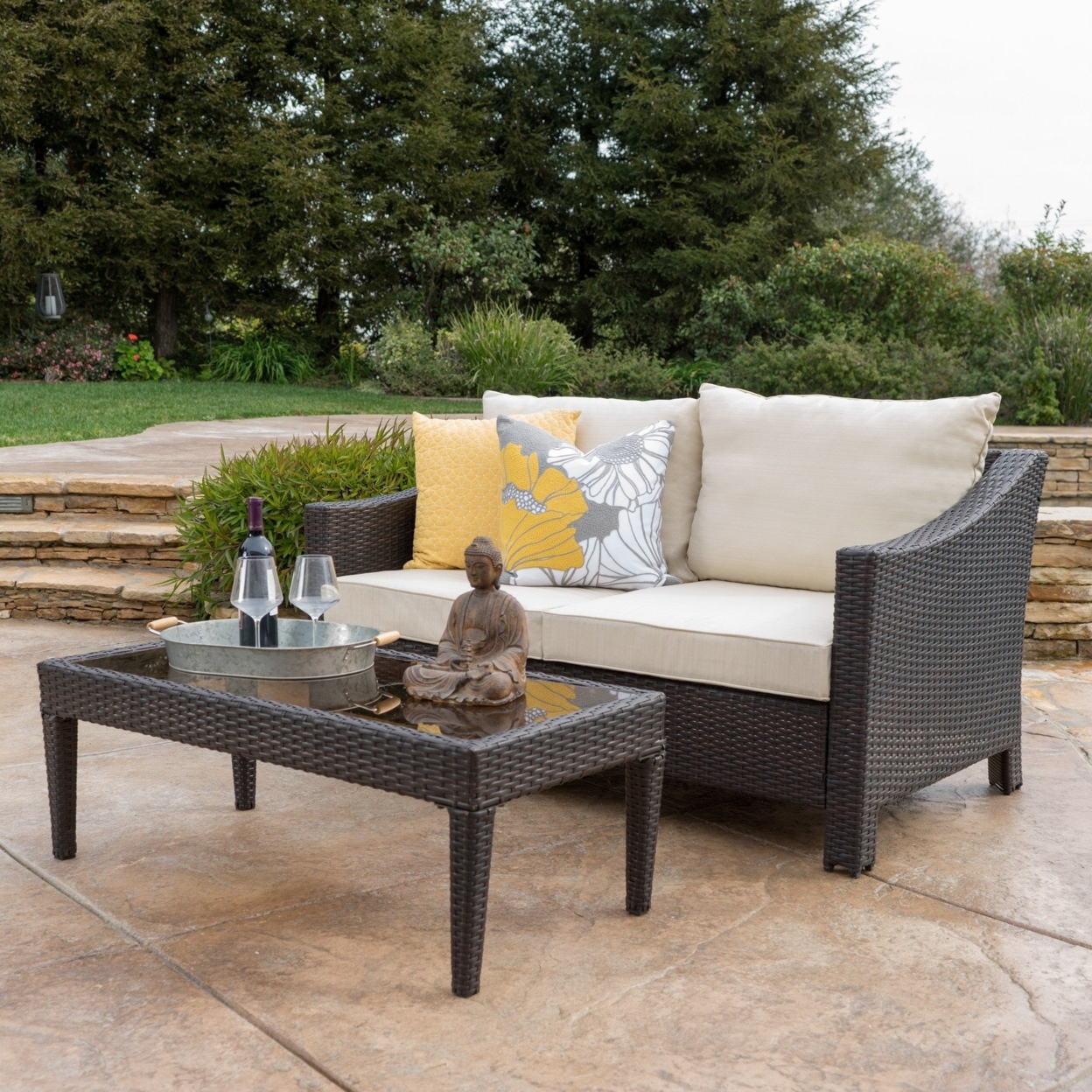 Aspen Outdoor Wicker Loveseat & Table WithWater Resistant Fabric Cushions - Silver, Gray Wicker