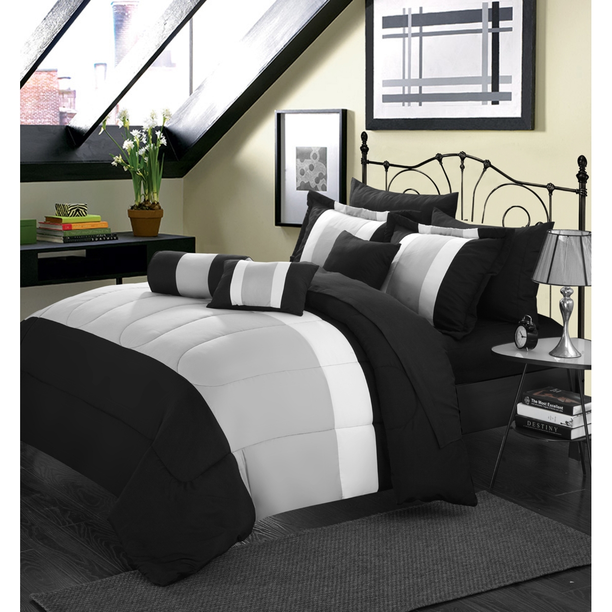 Sebastian 10-Piece Complete Bed In A Bag Bedding With Bed Sheet Set, Comforter Set, And Decorative Pillows - Black, Queen