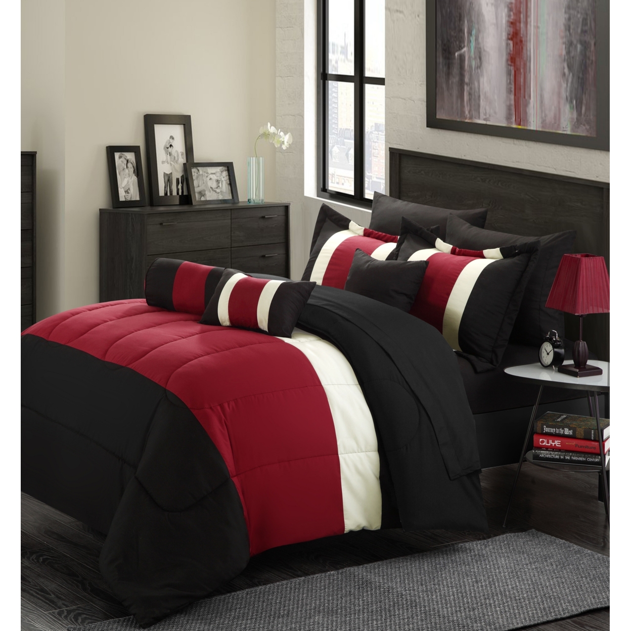Sebastian 10-Piece Complete Bed In A Bag Bedding With Bed Sheet Set, Comforter Set, And Decorative Pillows - Black, Queen
