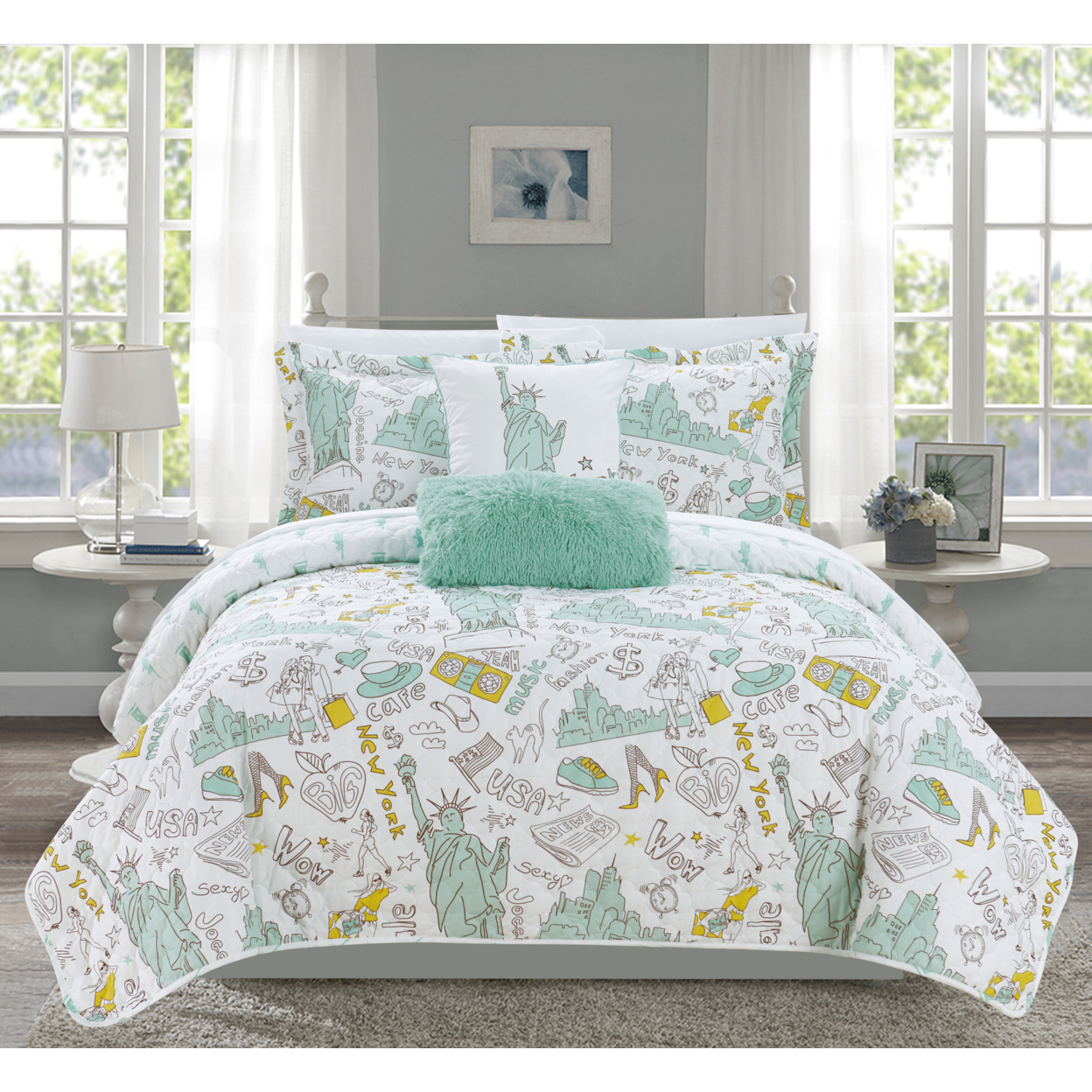 Bay Park 5 Or 4 Piece Reversible Quilt Set Bay Park City Inspired Printed Design Coverlet Bedding - Green, Twin