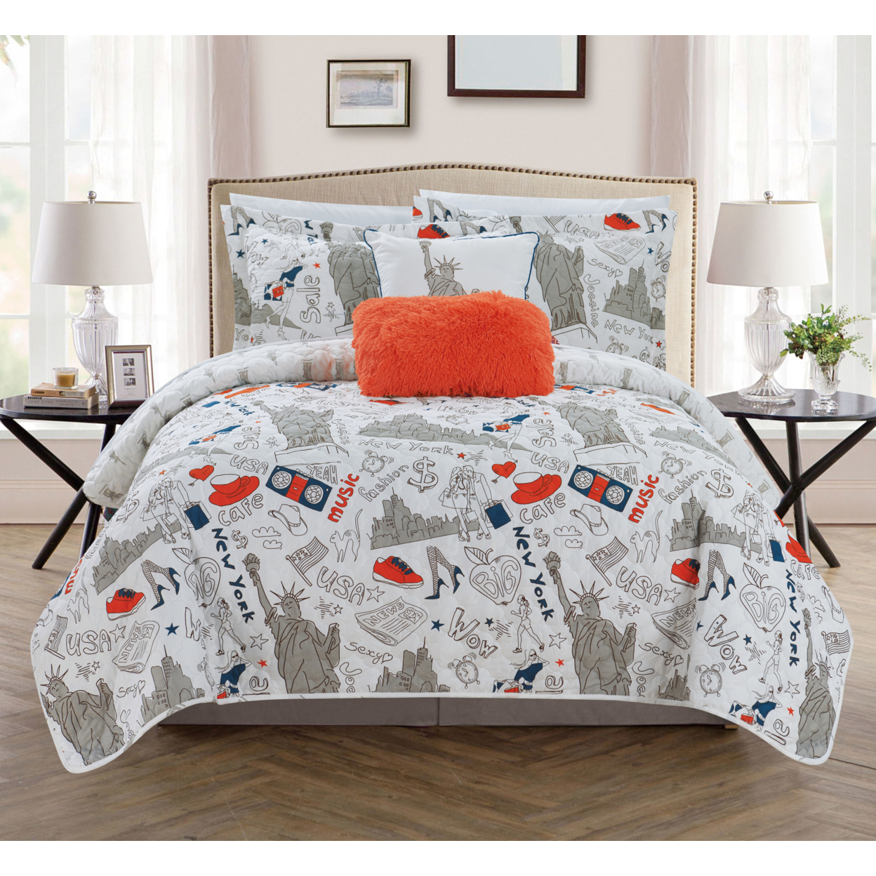 Bay Park 5 Or 4 Piece Reversible Quilt Set Bay Park City Inspired Printed Design Coverlet Bedding - Navy, Full