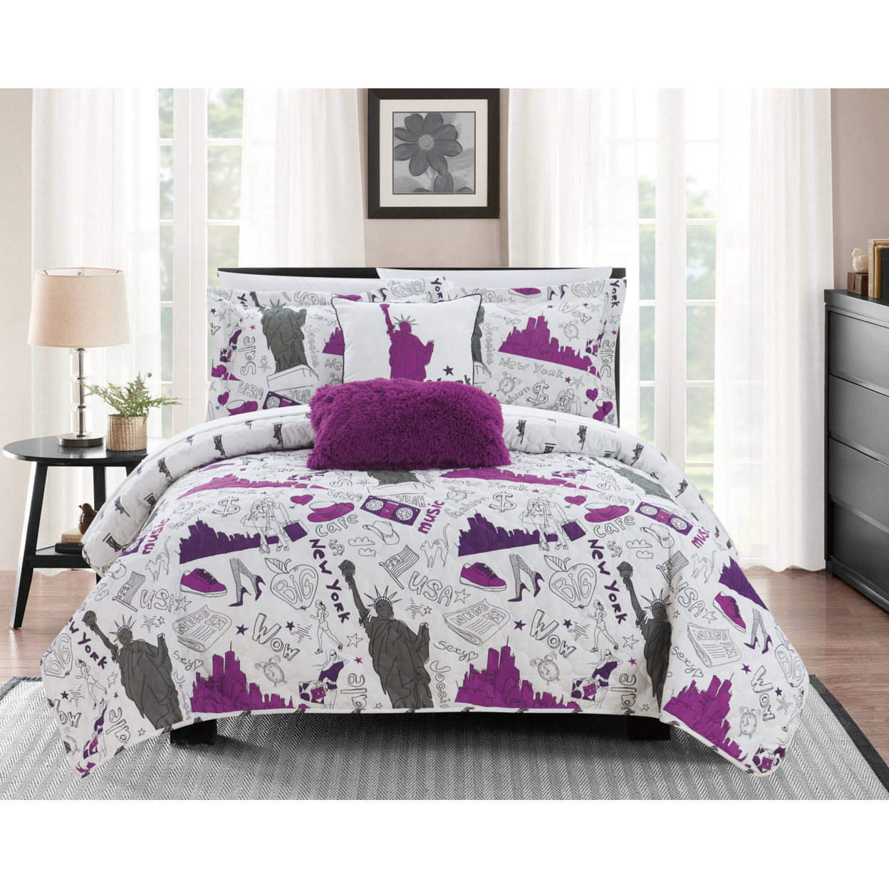 Bay Park 5 Or 4 Piece Reversible Quilt Set Bay Park City Inspired Printed Design Coverlet Bedding - Purple, Queen