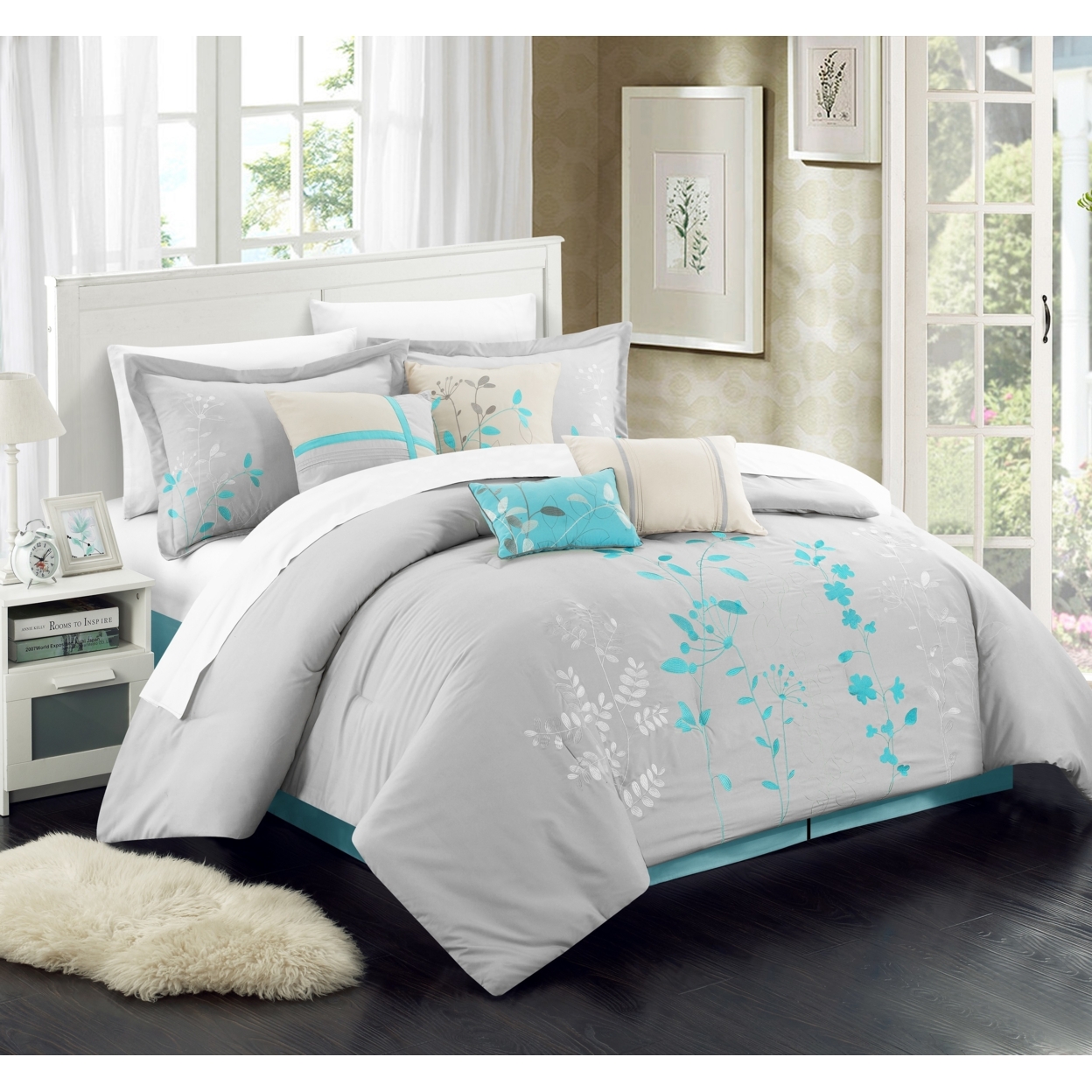 Brooke 8-Piece Embroidered Bed Comforter Set - Beige, Queen