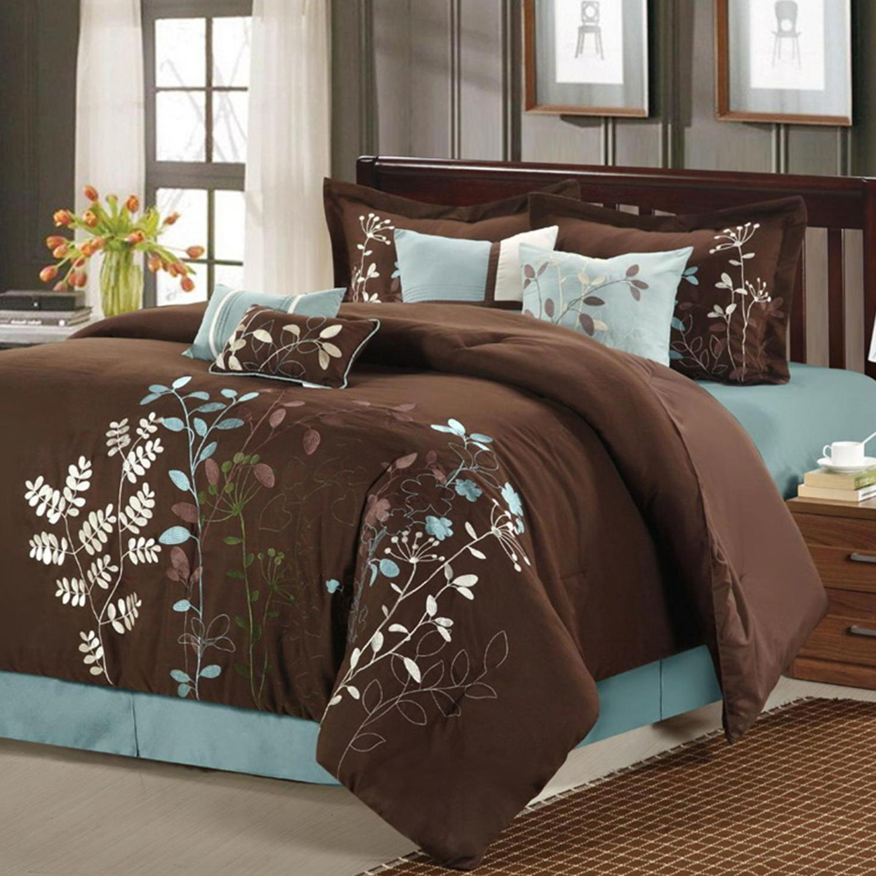 Brooke 8-Piece Embroidered Bed Comforter Set - Brown, King