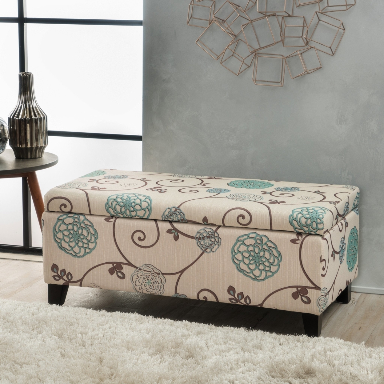 Atlantic Contemporary Fabric Upholstered Storage Ottoman - White & Blue Floral