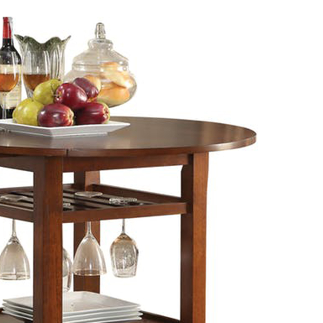 Round Top Wooden Counter Table With Stemware Rack And 2 Drop Leaves, Brown- Saltoro Sherpi