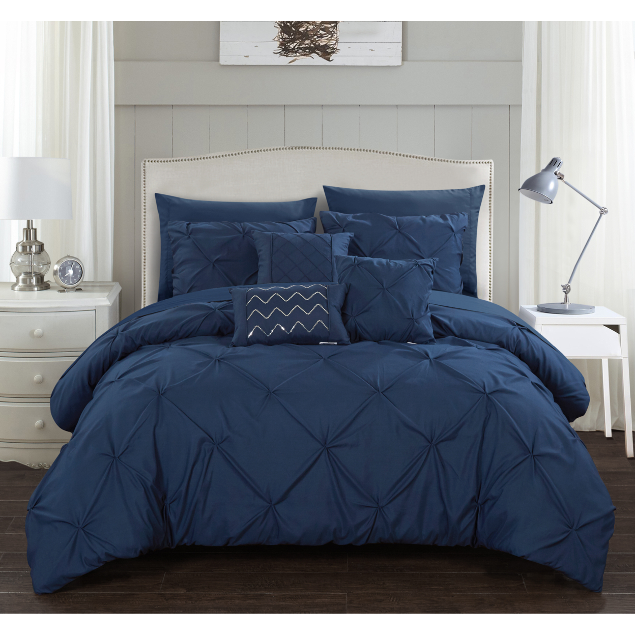 Alvatore Pinch Pleated Bed In A Bag Comforter Set - Navy, Queen