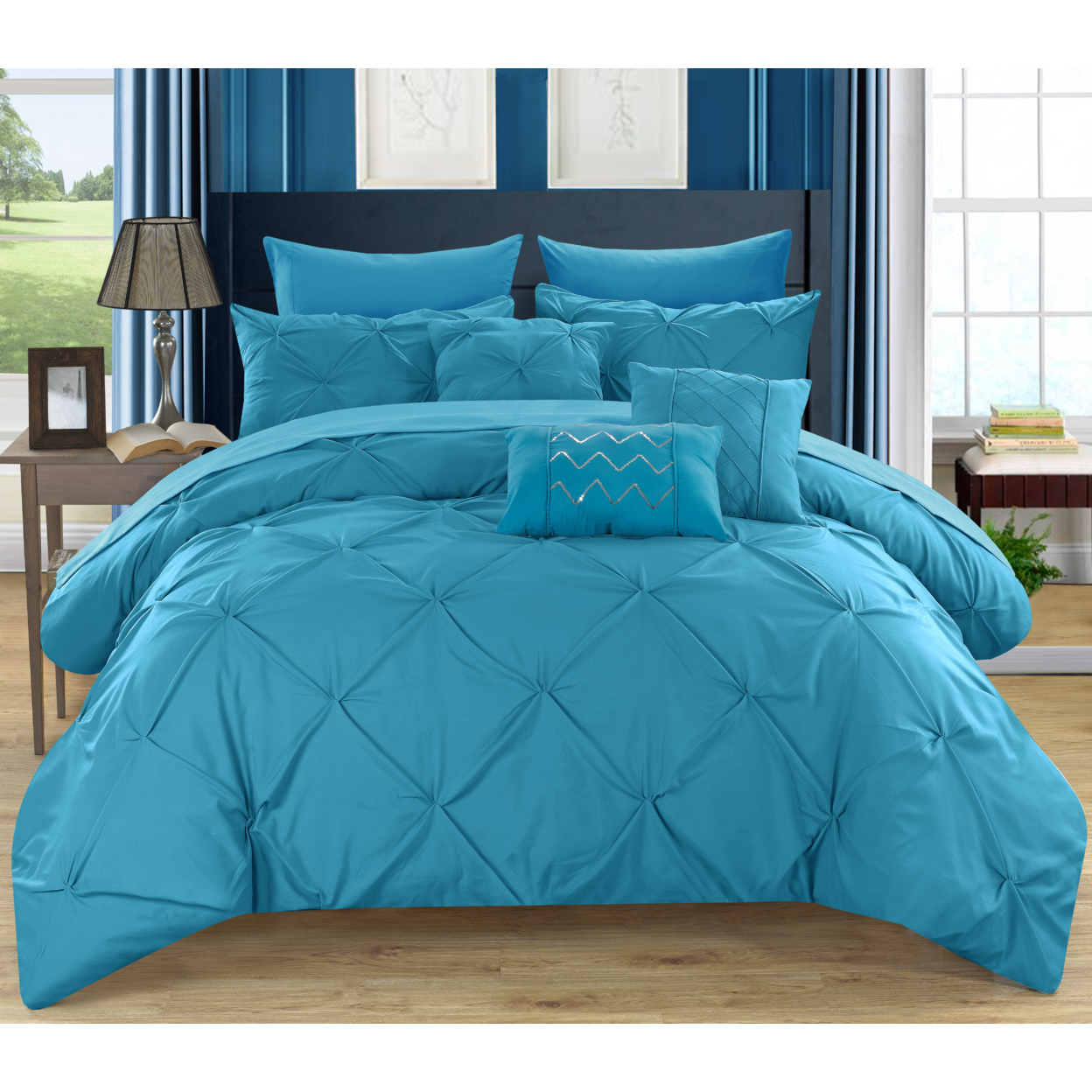 Alvatore Pinch Pleated Bed In A Bag Comforter Set - Blue, Queen