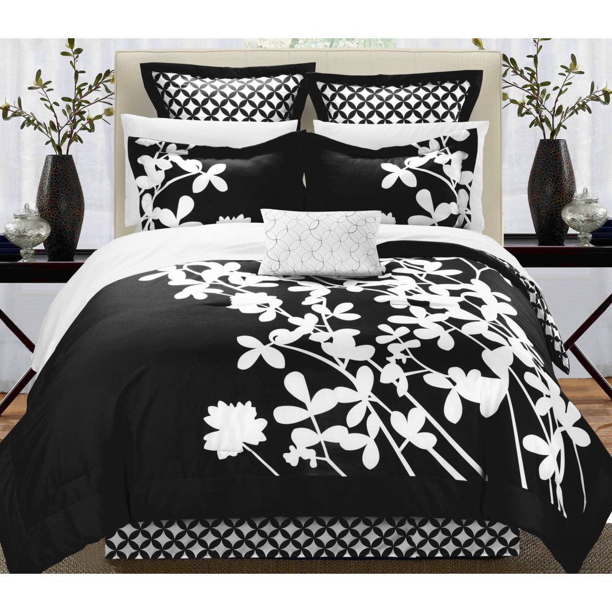 7 Piece Sire Reversible Large Scale Floral Design Printed With Diamond Pattern Reverse Comforter - Black, Queen