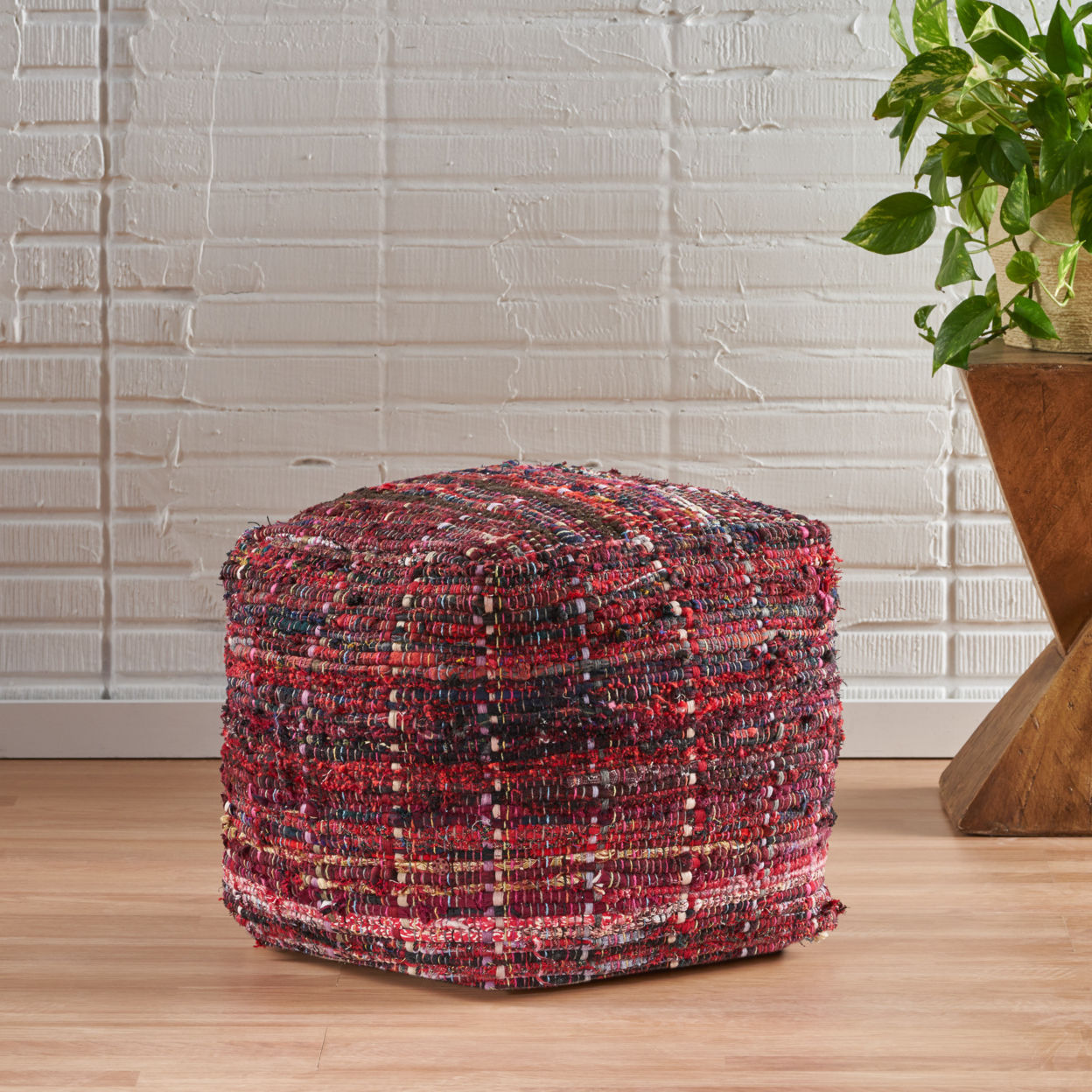 Kamil Recycled Fabric Artisan Cube Pouf - Red