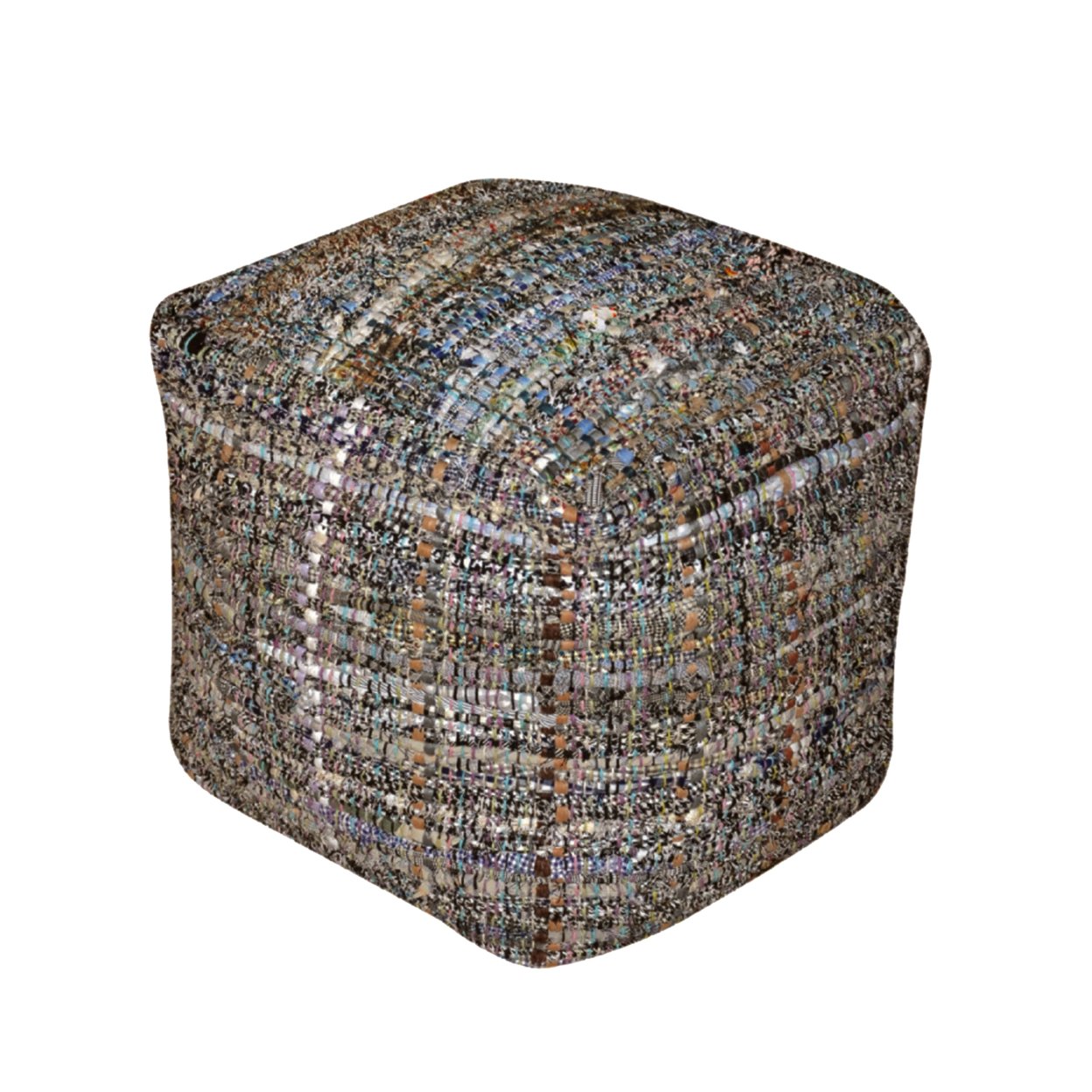 Kamil Recycled Fabric Artisan Cube Pouf - Khaki