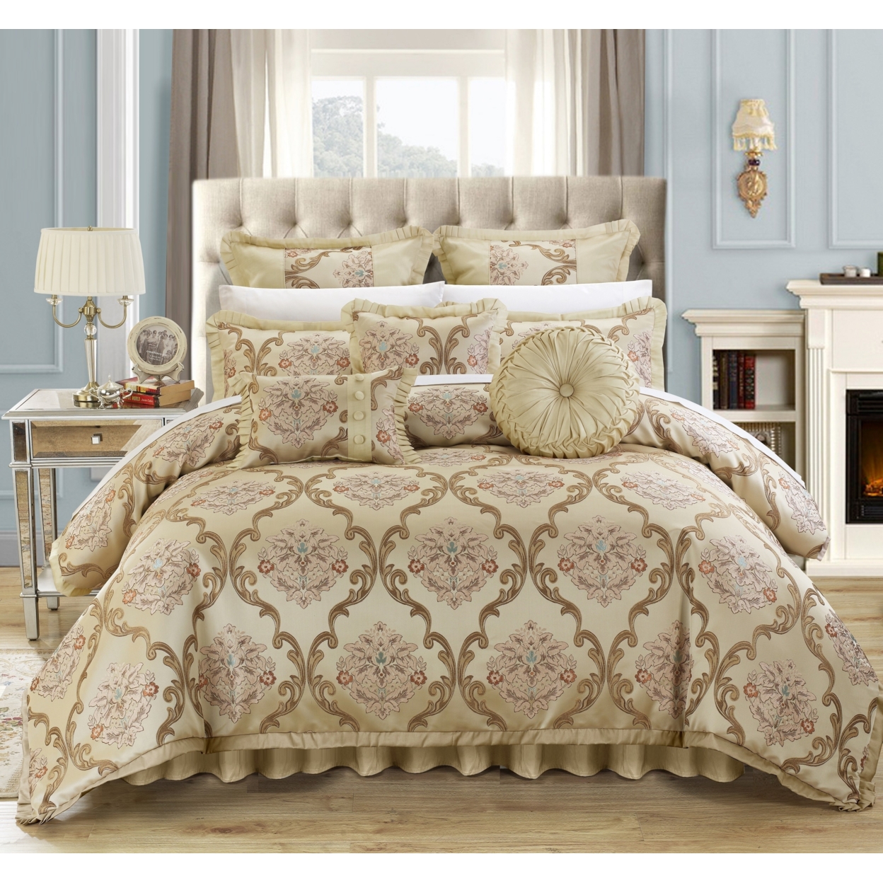 9 Piece Aubrey Decorator Upholstery Quality Jacquard Scroll Fabric Complete Master Bedroom Comforter Set And Pillows Ensemble - Beige, Queen