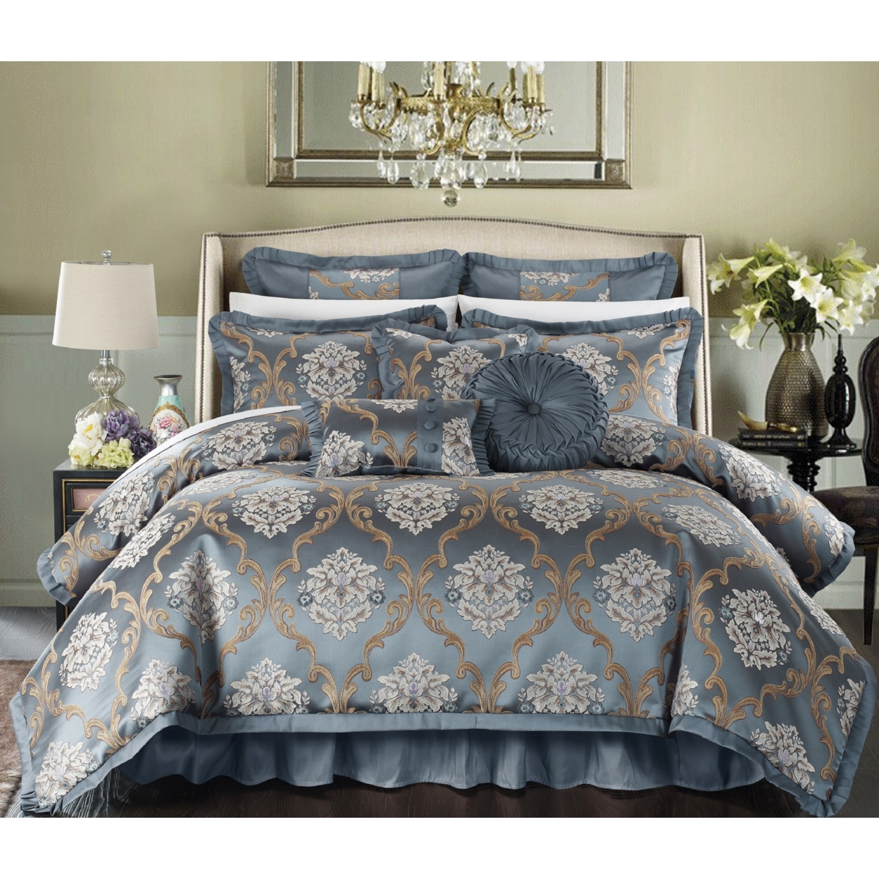 9 Piece Aubrey Decorator Upholstery Quality Jacquard Scroll Fabric Complete Master Bedroom Comforter Set And Pillows Ensemble - Blue, King