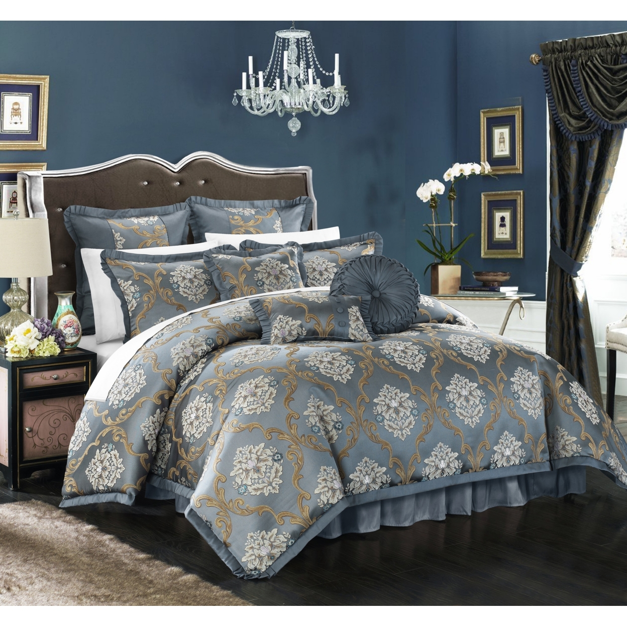 9 Piece Aubrey Decorator Upholstery Quality Jacquard Scroll Fabric Complete Master Bedroom Comforter Set And Pillows Ensemble - Blue, Queen