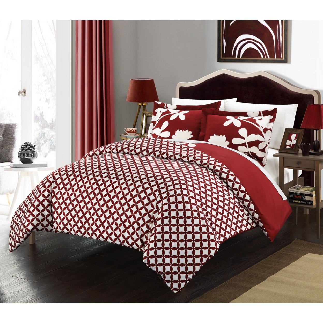 3 Piece Amaryllis Reversible Large Scale Floral Design Printed With Diamond Pattern Reverse Duvet Cover Set - Red, Queen