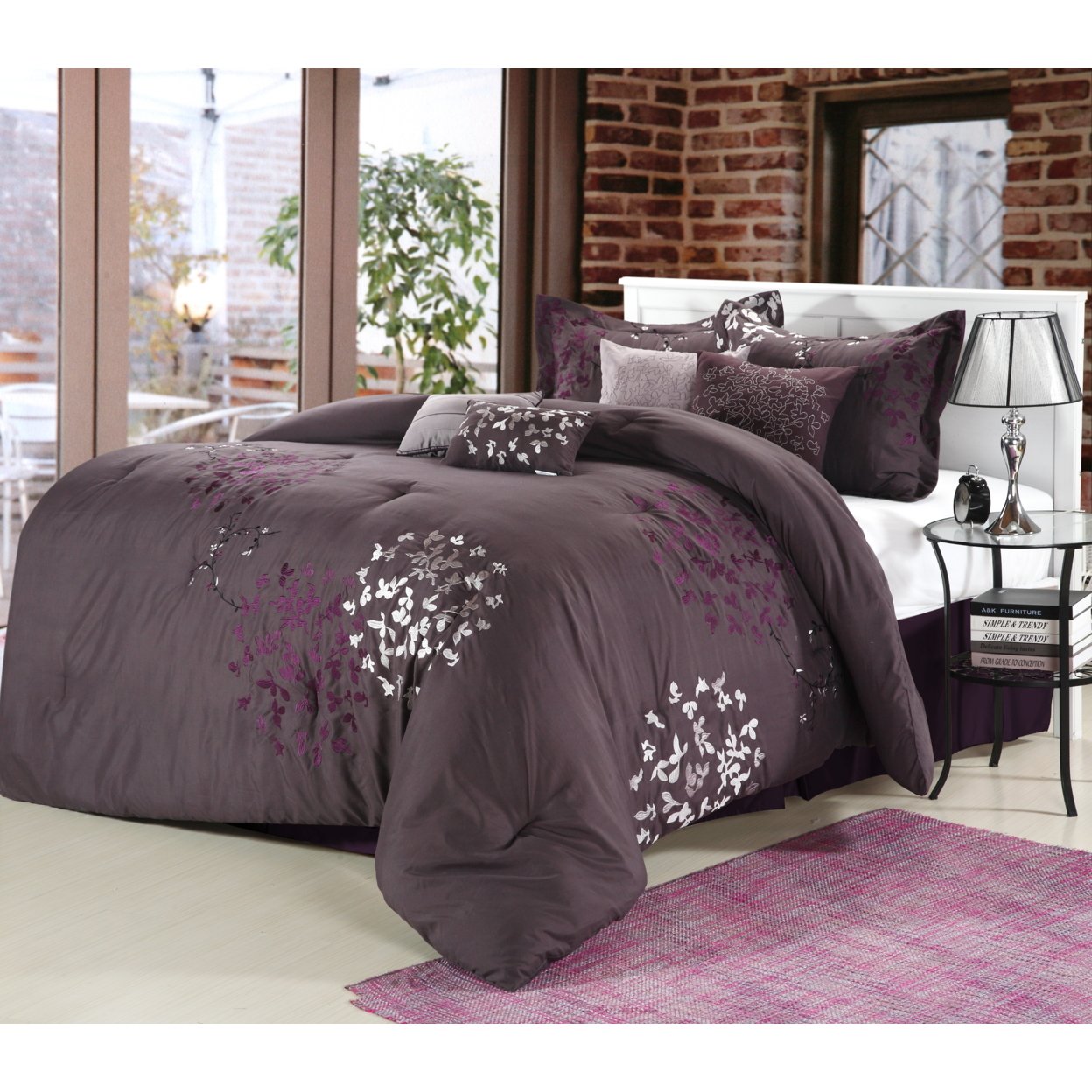 Cheila 8-Piece Embroidered Comforter Set - Plum, King
