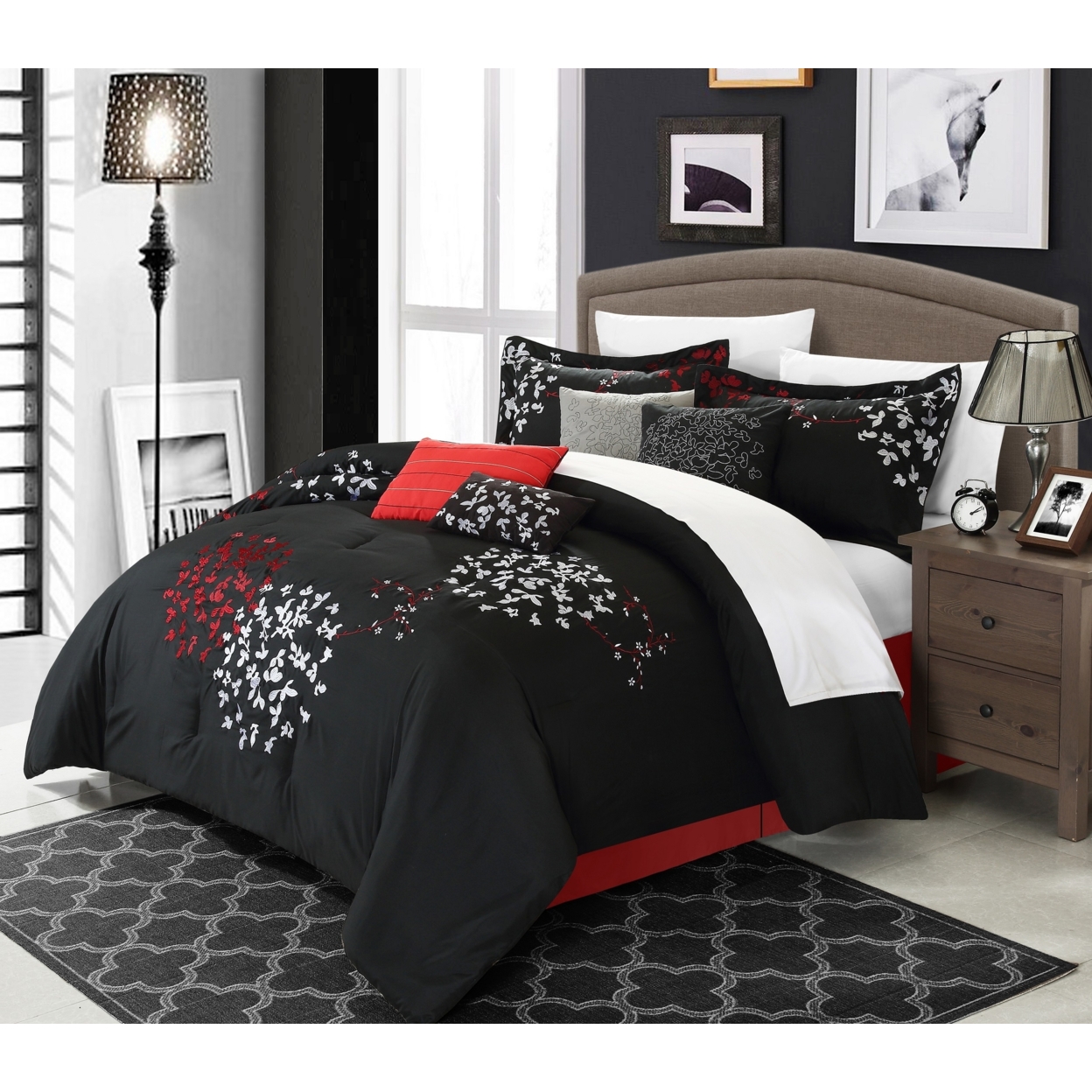 Cheila 8-Piece Embroidered Comforter Set - Black, Queen