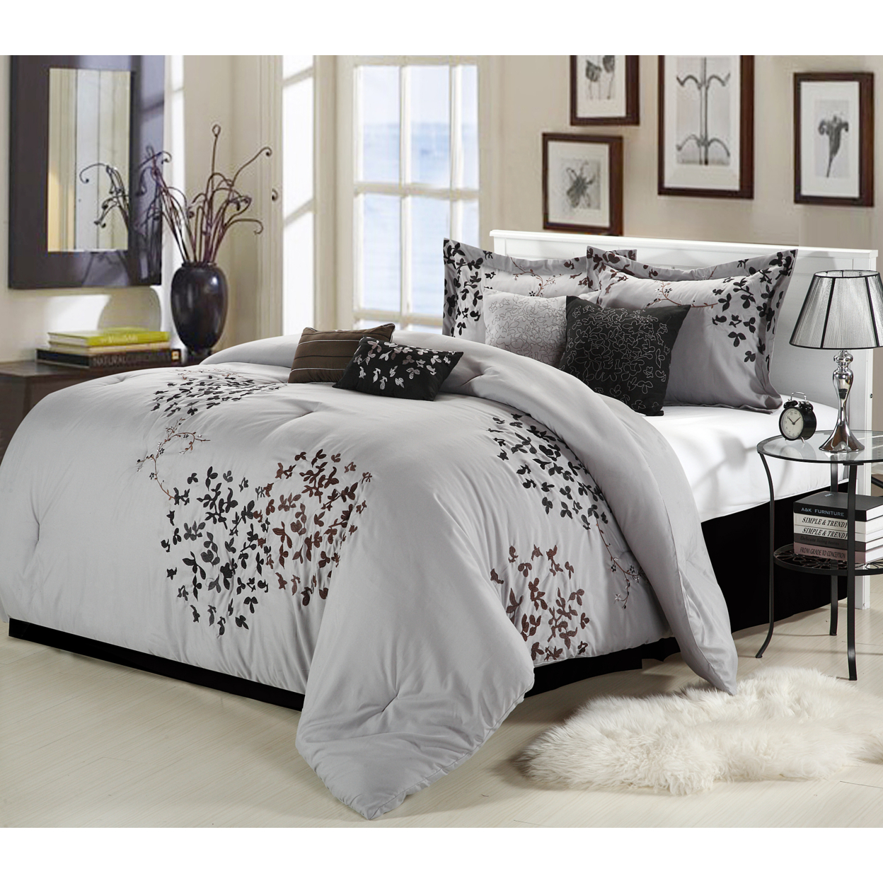 Cheila 8-Piece Embroidered Comforter Set - Silver, Queen
