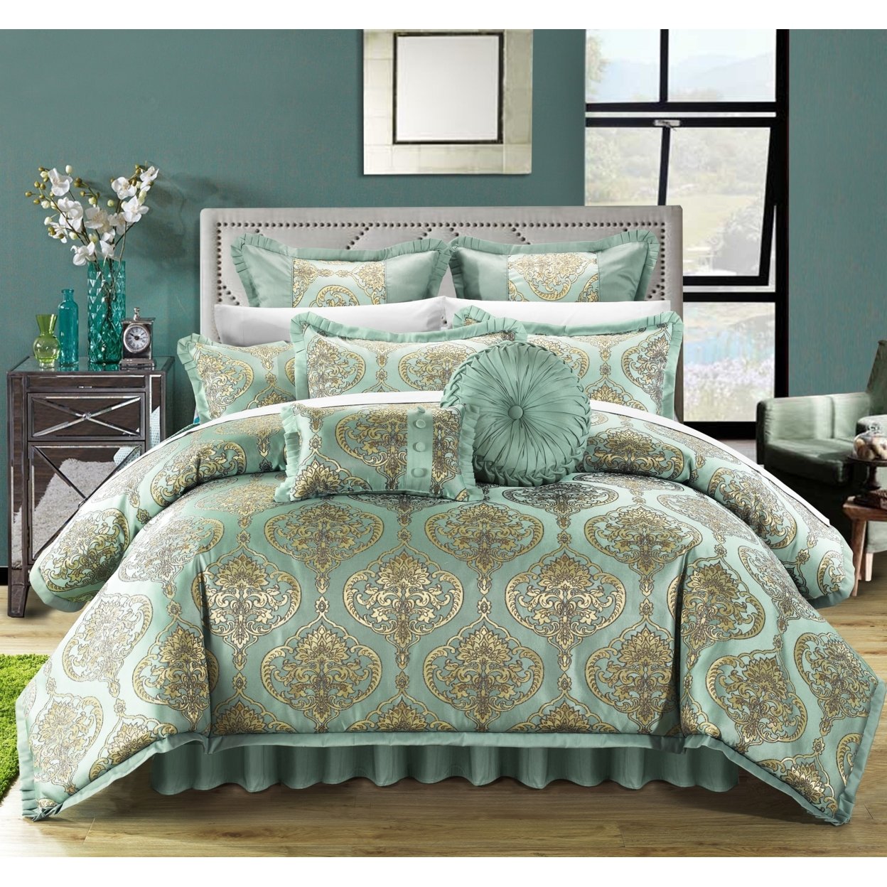 9 Piece Como Decorator Upholstery Quality Jacquard Comforter Set - Blue, Queen