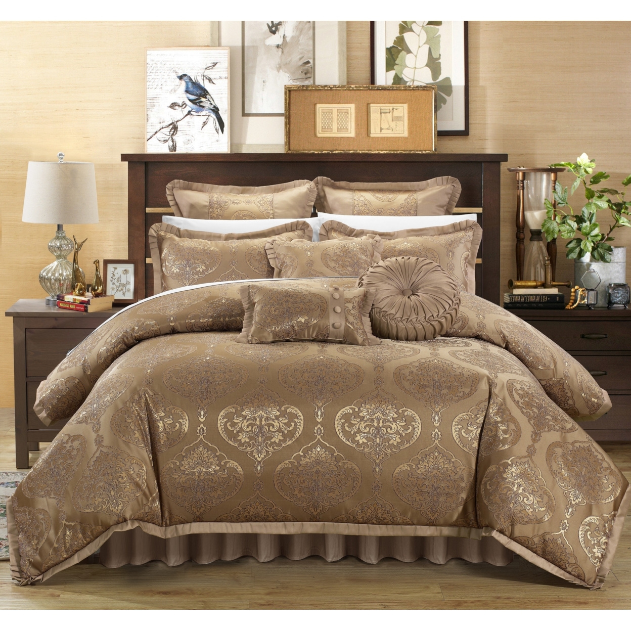 9 Piece Como Decorator Upholstery Quality Jacquard Comforter Set - Gold, Queen