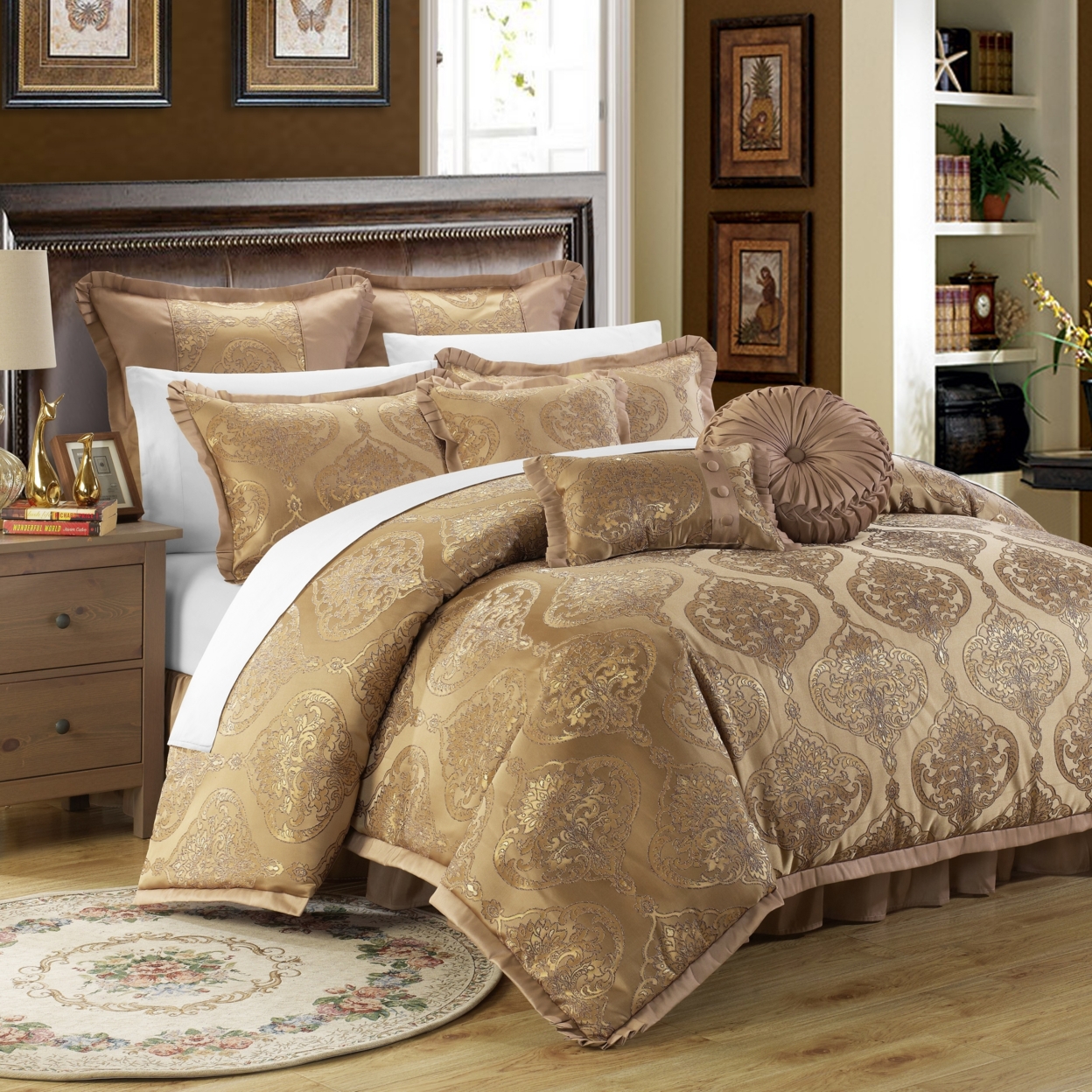 9 Piece Como Decorator Upholstery Quality Jacquard Comforter Set - Blue, King