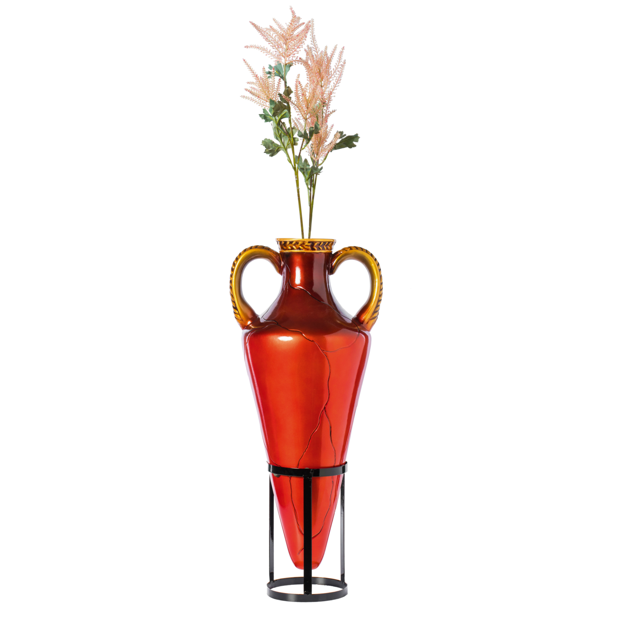 Tall Floor Vase, Roman Style Large Pointed Amphora, 35 Floor Vase, Interior Decoration, Metal Tripod Stand, Red And Gold Vase