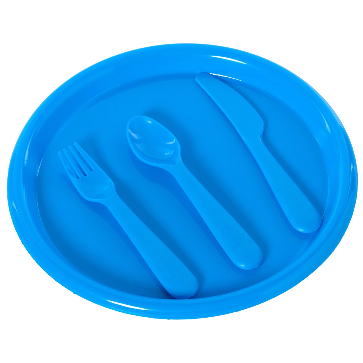Reusable Cutlery Set Of 4 Plastic Plates, Spoons, Forks And Knives For Baby And Toddlers - Blue