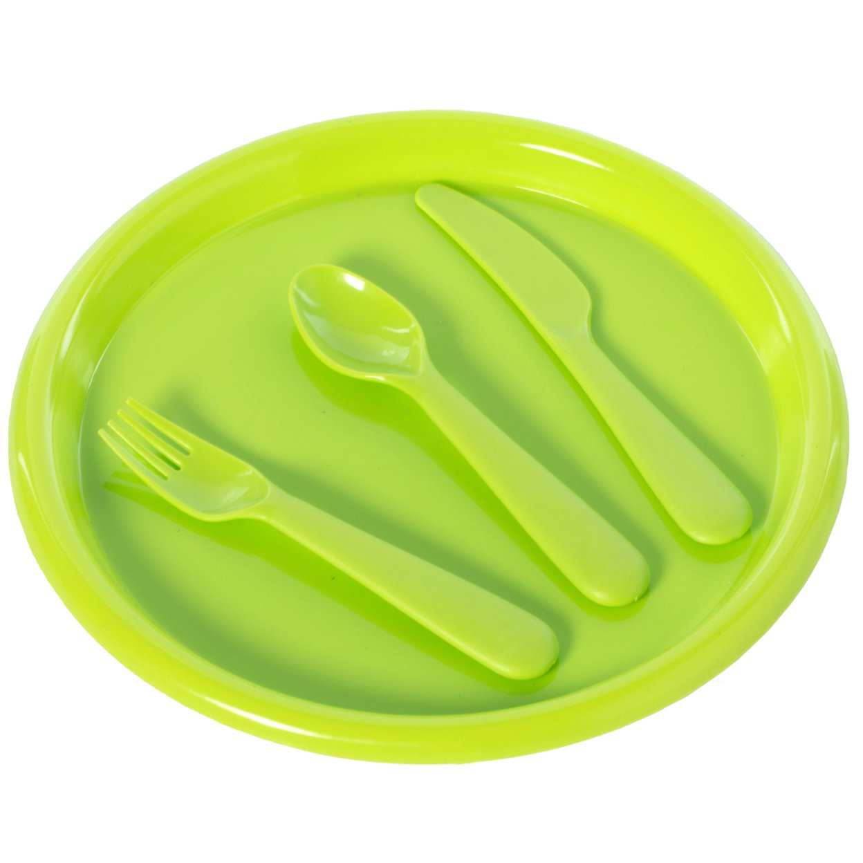 Reusable Cutlery Set Of 4 Plastic Plates, Spoons, Forks And Knives For Baby And Toddlers - Green