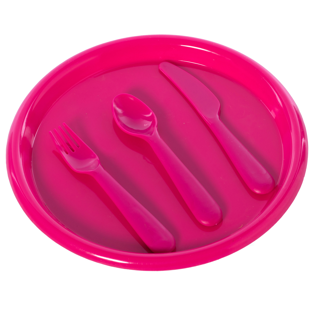 Reusable Cutlery Set Of 4 Plastic Plates, Spoons, Forks And Knives For Baby And Toddlers - Pink