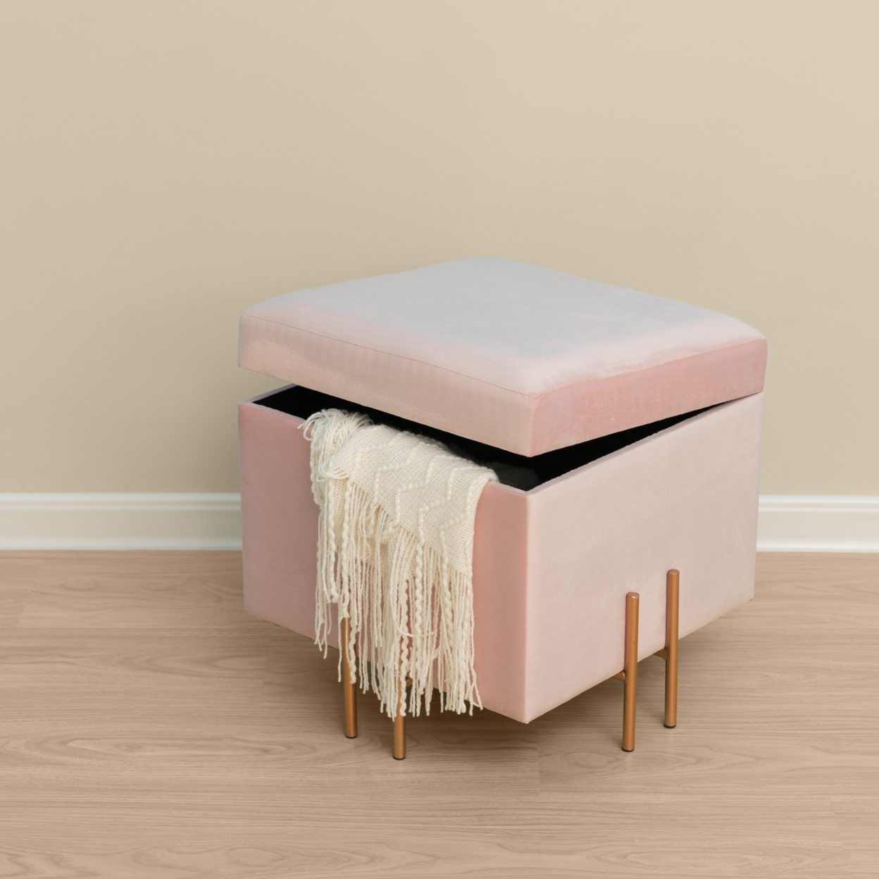 Square Velvet Storage Ottoman With Rose Gold Legs - Pink